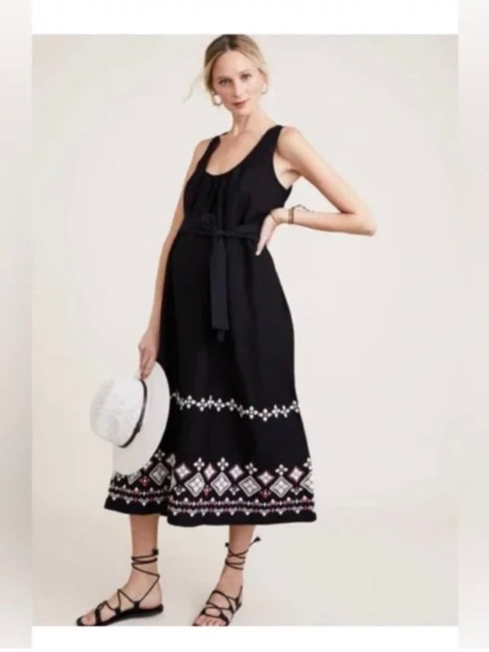 Hatch Black Midi Dress with White Embroidered Hem